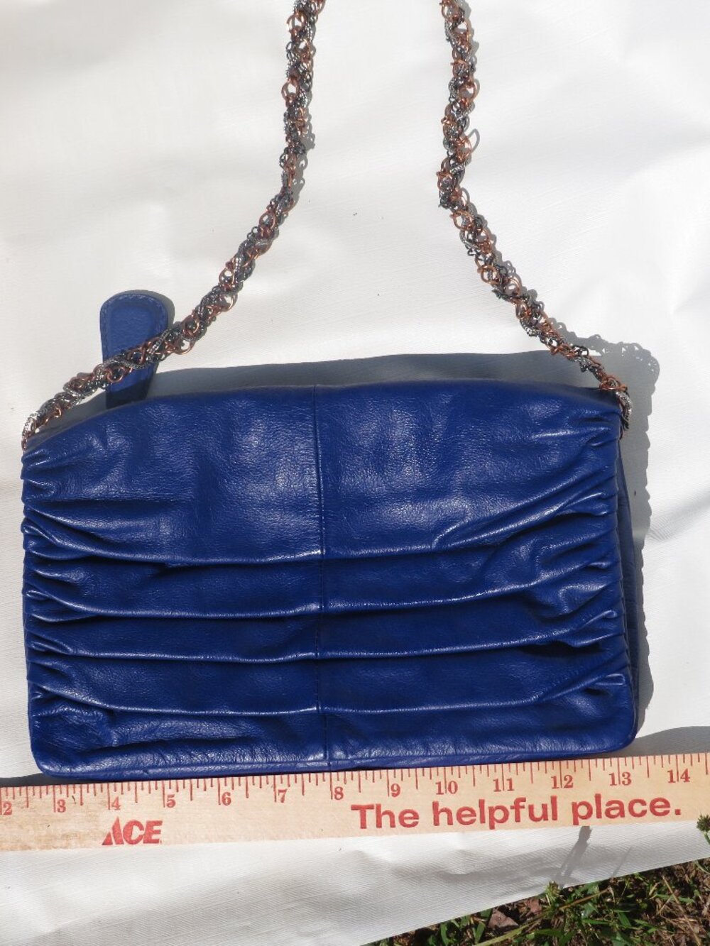 BCBGMAXAZRIA Blue Ruched Leather Shoulder Bag with Braided Chain Strap | Y2K